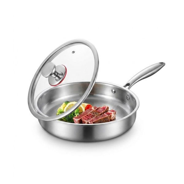 Тиган със Стъклен Капак EK-3055, 5 Слойна Висококачествена Стомана,26x5.5cm, Индукционно Дъно 