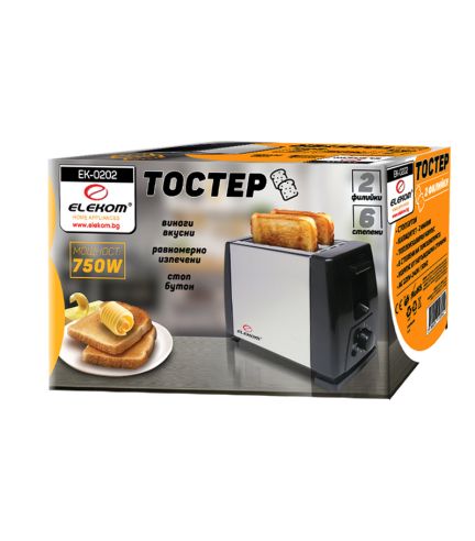 Тостер ЕК-0202, 750 W, Стоп бутон, 6 степени, 2 филийки, Корпус от неръждаема стомана