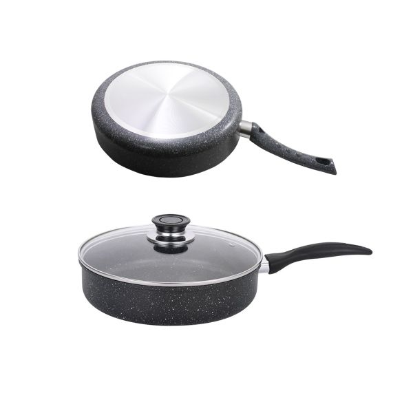 Дълбок тиган със стъклен капак ЕK-D22 M, Мраморно незалепващо покритие, 22 см