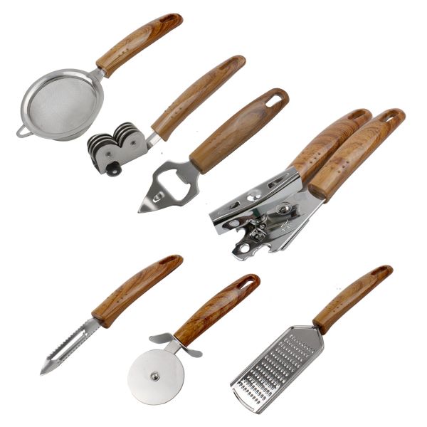 Комплект кухненски прибори ЕК-6670 - 8 части от неръждаема стомана, кафява и черна дръжка